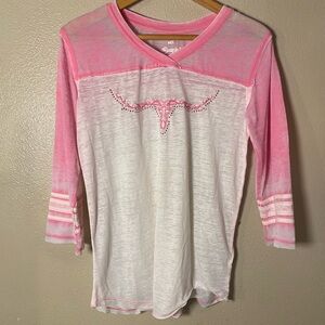Cowgirl Hardware Women's Long Sleeve Pink and White Tee Western Size medium